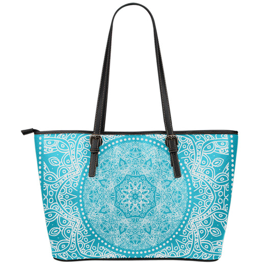 Teal And White Mandala Print Leather Tote Bag