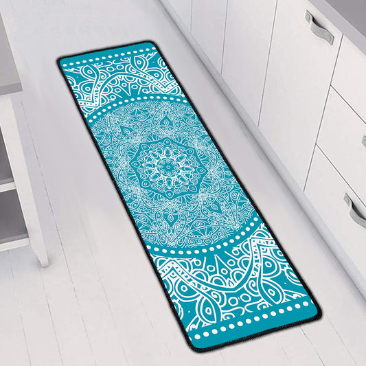 Teal And White Mandala Print Long Kitchen Mat