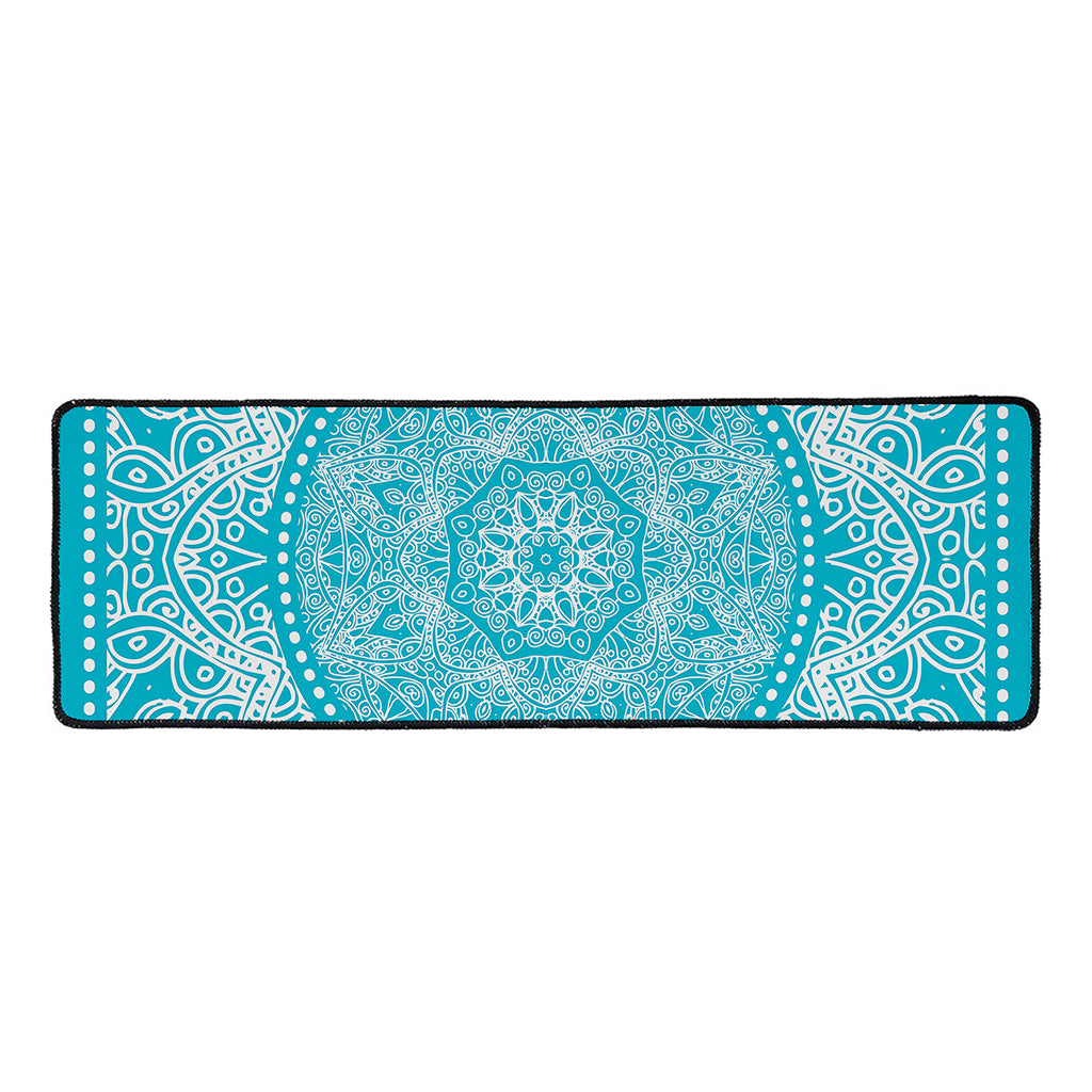 Teal And White Mandala Print Long Kitchen Mat