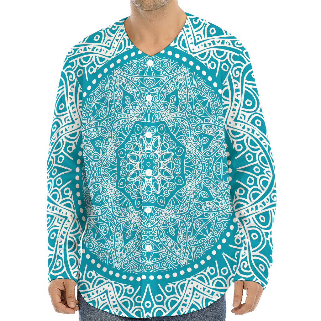Teal And White Mandala Print Long Sleeve Baseball Jersey