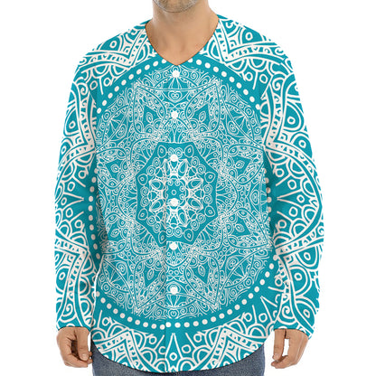 Teal And White Mandala Print Long Sleeve Baseball Jersey