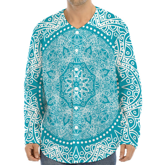 Teal And White Mandala Print Long Sleeve Baseball Jersey