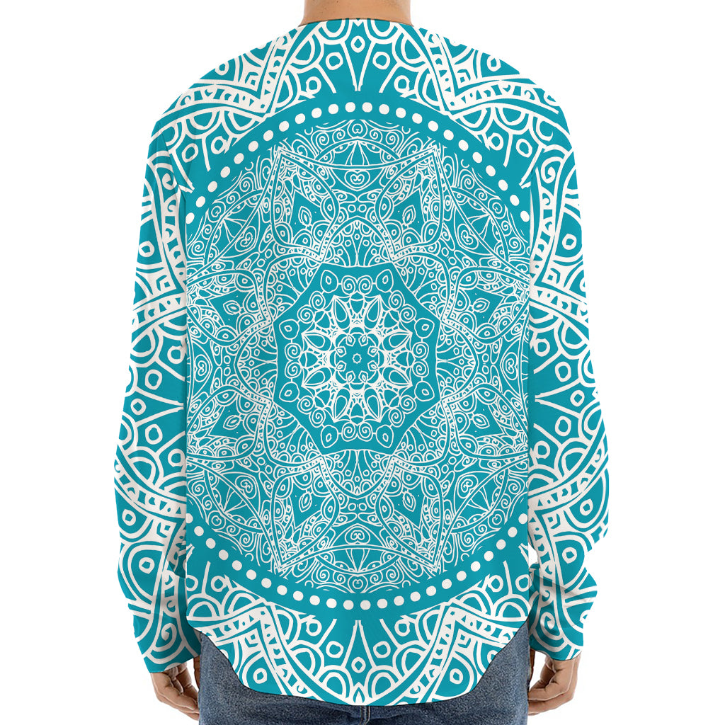 Teal And White Mandala Print Long Sleeve Baseball Jersey