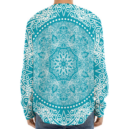 Teal And White Mandala Print Long Sleeve Baseball Jersey