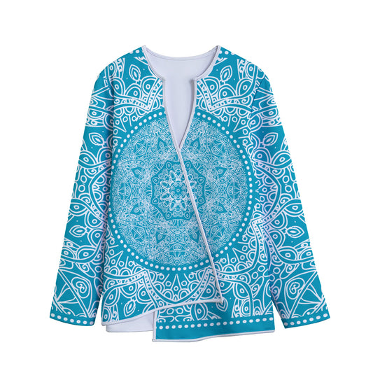 Teal And White Mandala Print Long Sleeve Short Coat