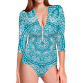 Teal And White Mandala Print Long Sleeve Swimsuit