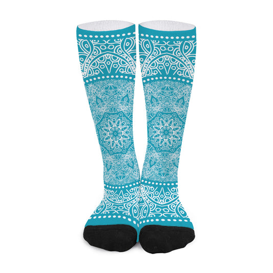 Teal And White Mandala Print Long Socks
