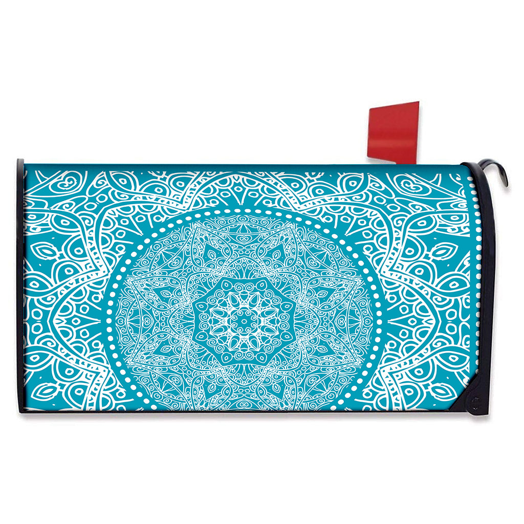 Teal And White Mandala Print Mailbox Cover