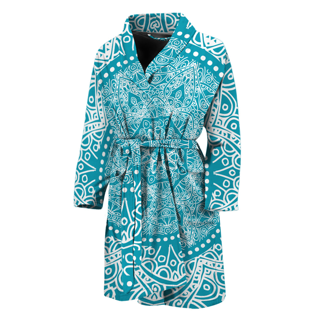 Teal And White Mandala Print Men's Bathrobe