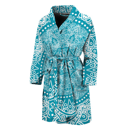 Teal And White Mandala Print Men's Bathrobe
