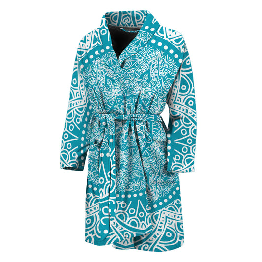 Teal And White Mandala Print Men's Bathrobe