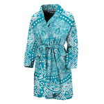 Teal And White Mandala Print Men's Bathrobe