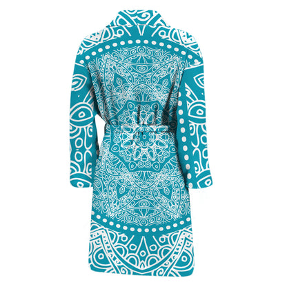 Teal And White Mandala Print Men's Bathrobe