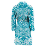 Teal And White Mandala Print Men's Bathrobe