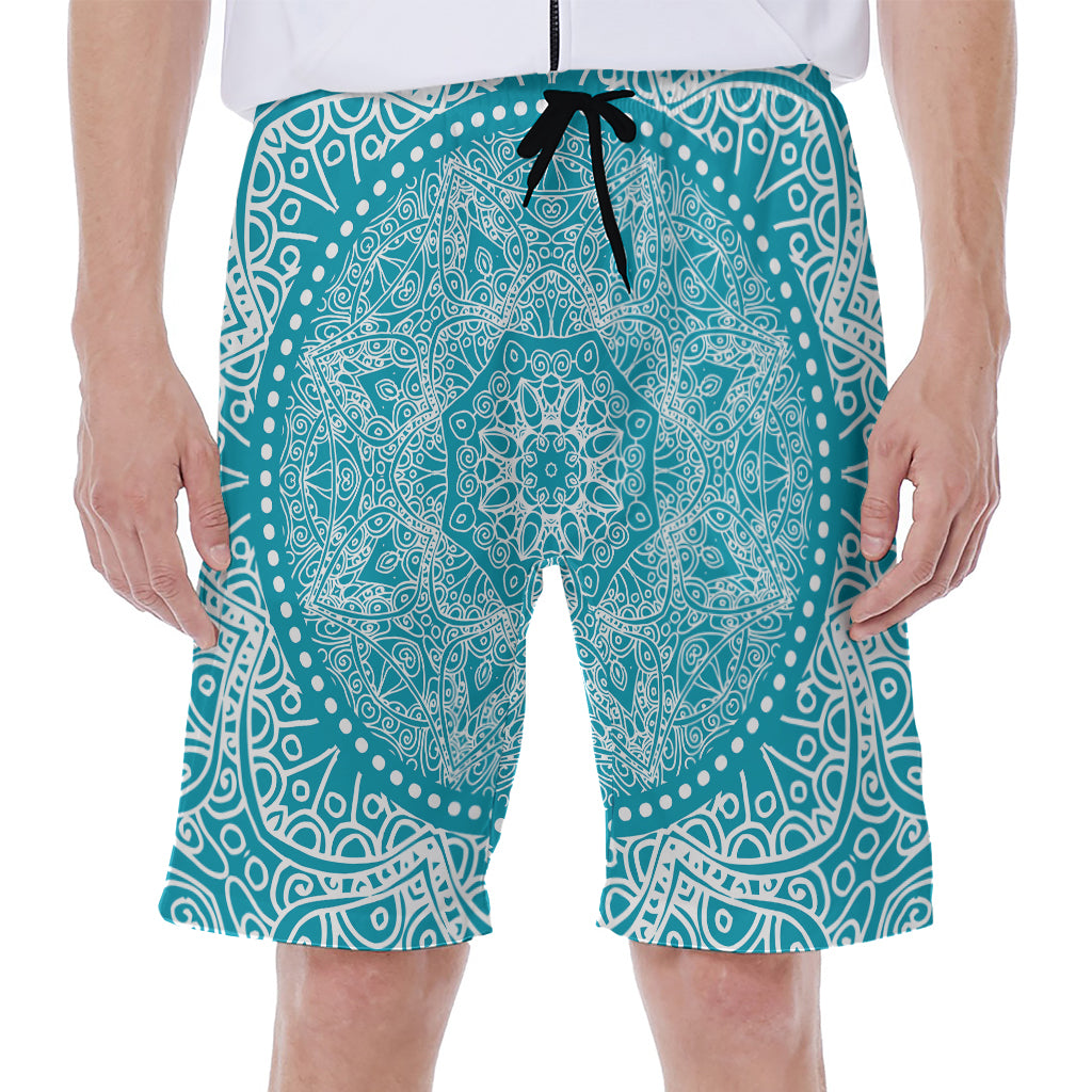 Teal And White Mandala Print Men's Beach Shorts