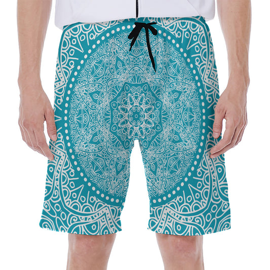 Teal And White Mandala Print Men's Beach Shorts
