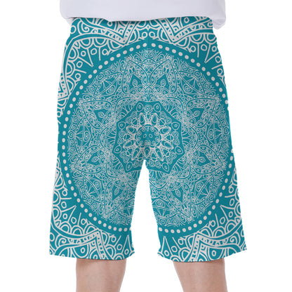 Teal And White Mandala Print Men's Beach Shorts
