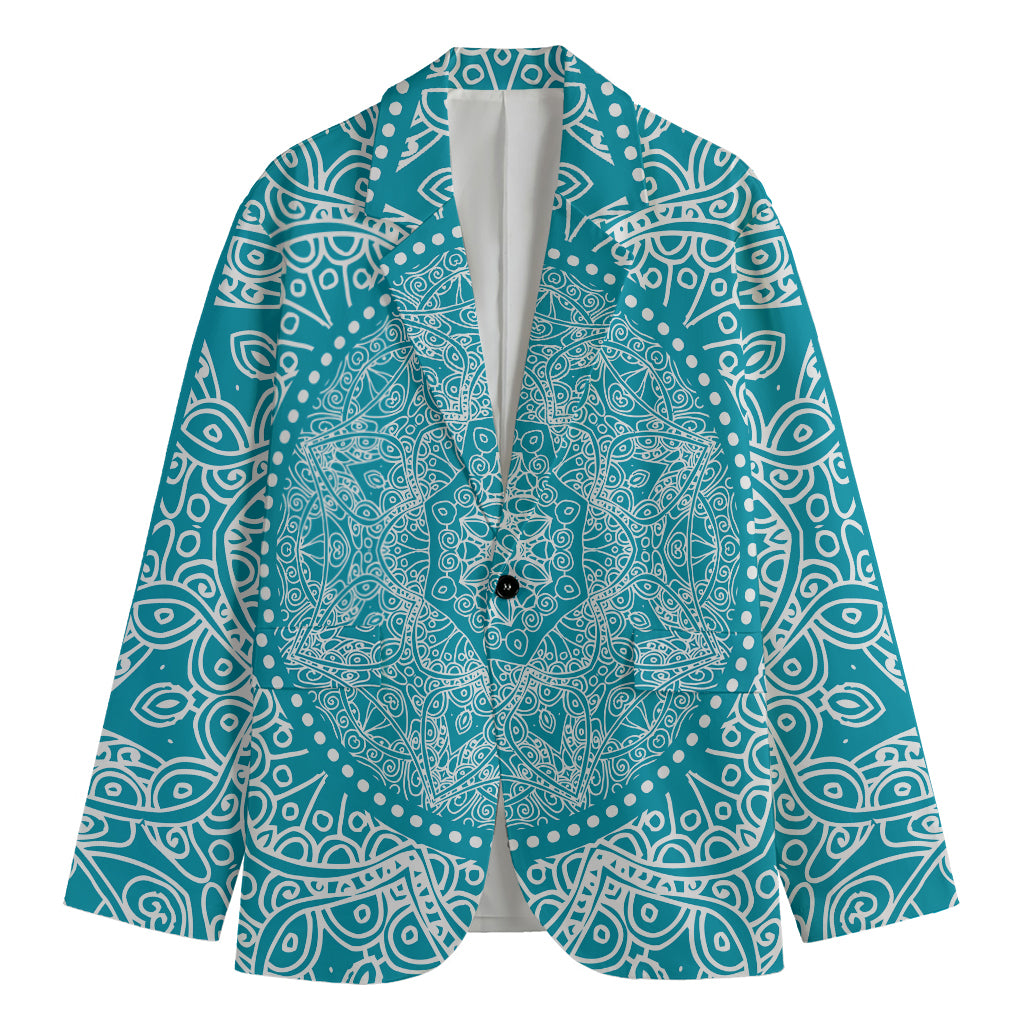 Teal And White Mandala Print Men's Blazer