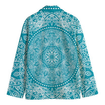 Teal And White Mandala Print Men's Blazer