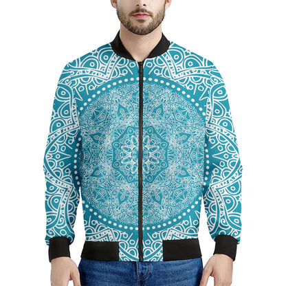 Teal And White Mandala Print Men's Bomber Jacket
