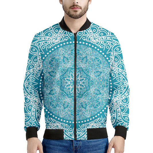 Teal And White Mandala Print Men's Bomber Jacket