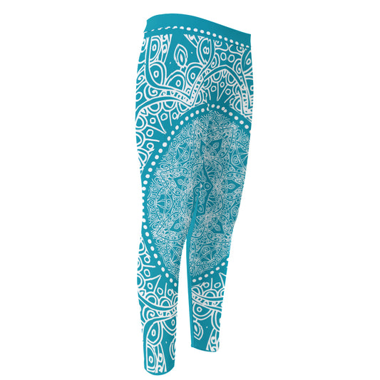 Teal And White Mandala Print Men's Compression Pants