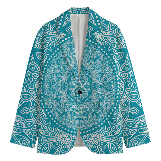 Teal And White Mandala Print Men's Cotton Blazer
