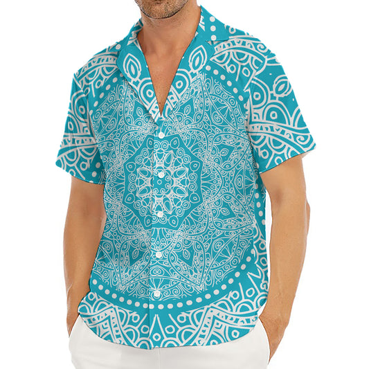 Teal And White Mandala Print Men's Deep V-Neck Shirt