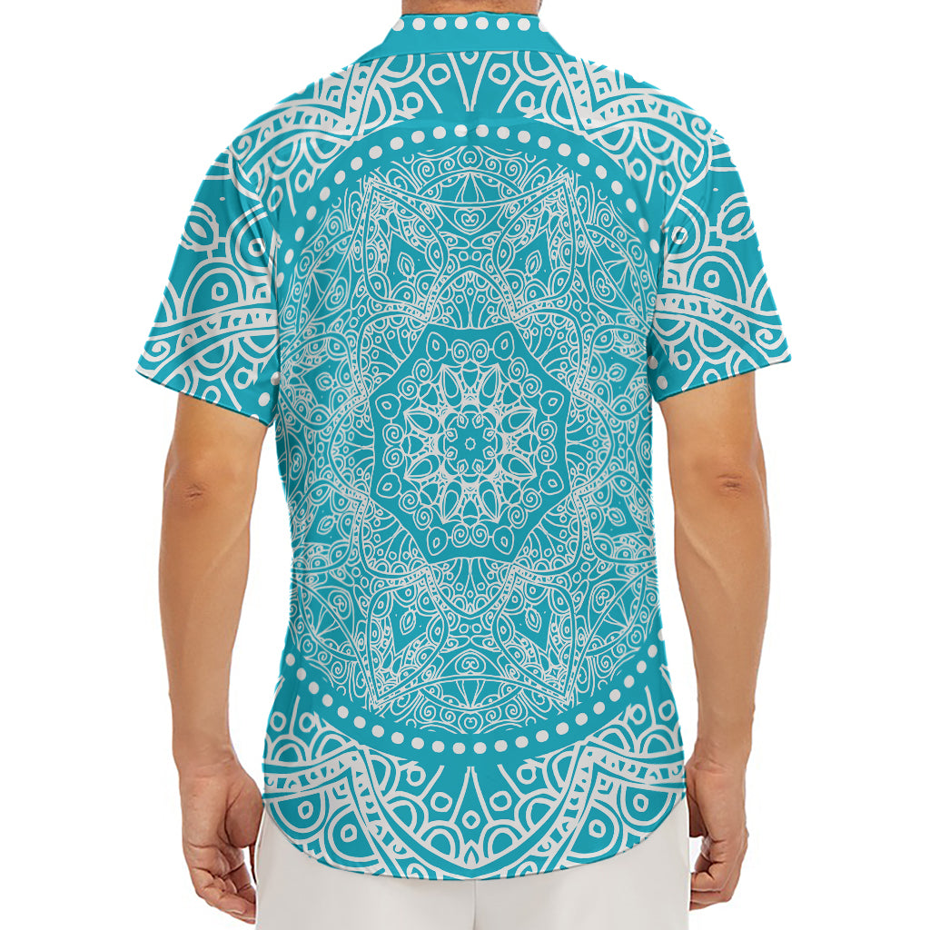 Teal And White Mandala Print Men's Deep V-Neck Shirt