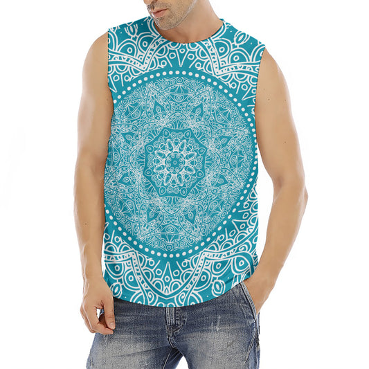 Teal And White Mandala Print Men's Fitness Tank Top