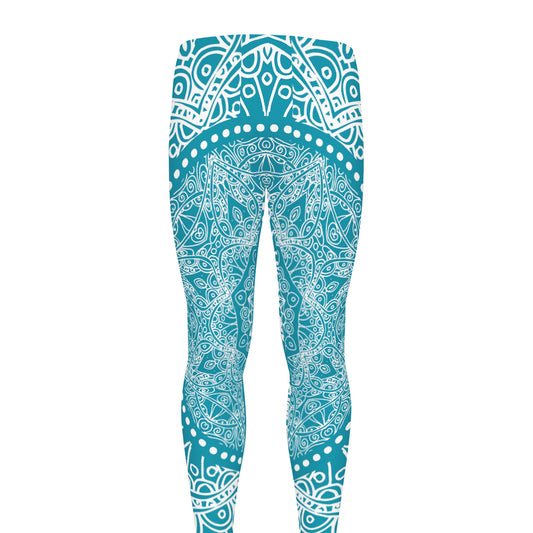 Teal And White Mandala Print Men's leggings