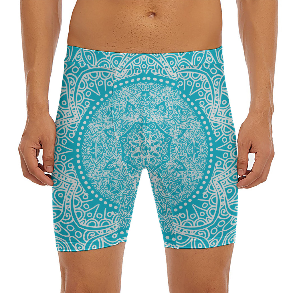 Teal And White Mandala Print Men's Long Boxer Briefs