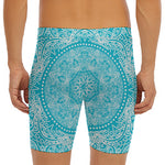 Teal And White Mandala Print Men's Long Boxer Briefs