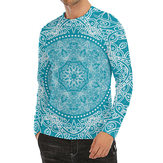 Teal And White Mandala Print Men's Long Sleeve Rash Guard