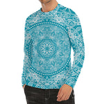 Teal And White Mandala Print Men's Long Sleeve Rash Guard