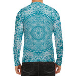 Teal And White Mandala Print Men's Long Sleeve Rash Guard