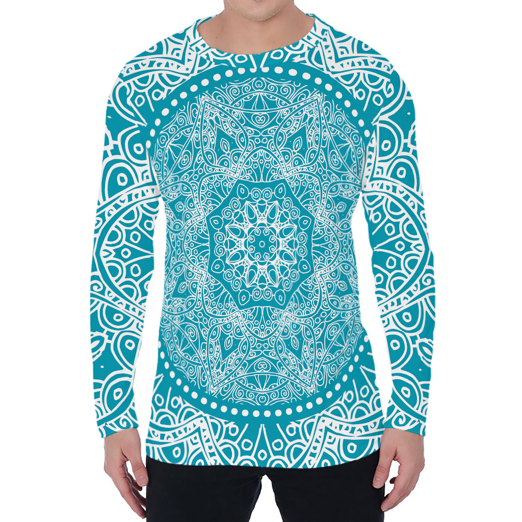 Teal And White Mandala Print Men's Long Sleeve T-Shirt