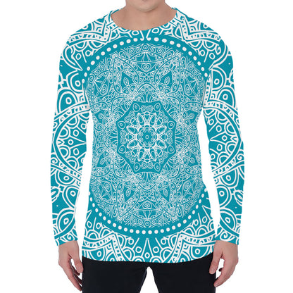 Teal And White Mandala Print Men's Long Sleeve T-Shirt