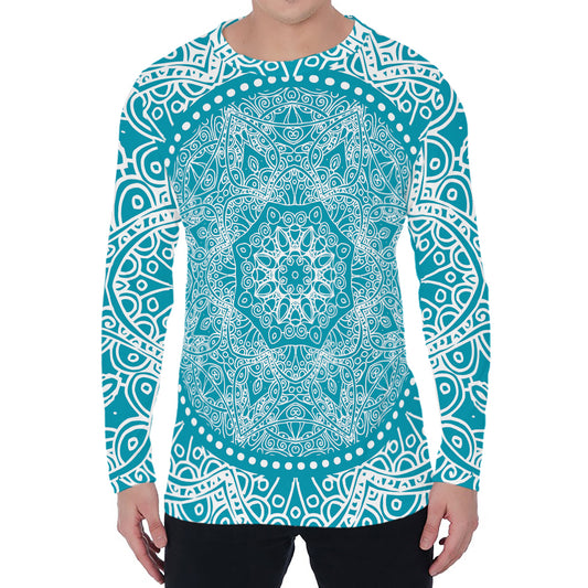 Teal And White Mandala Print Men's Long Sleeve T-Shirt