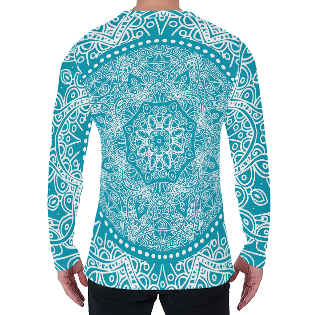 Teal And White Mandala Print Men's Long Sleeve T-Shirt