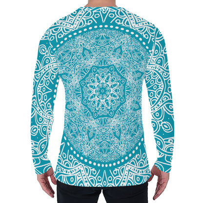 Teal And White Mandala Print Men's Long Sleeve T-Shirt