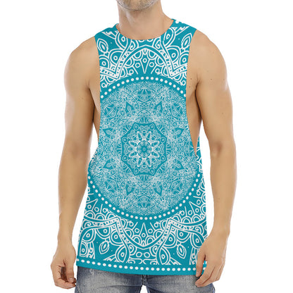 Teal And White Mandala Print Men's Muscle Tank Top