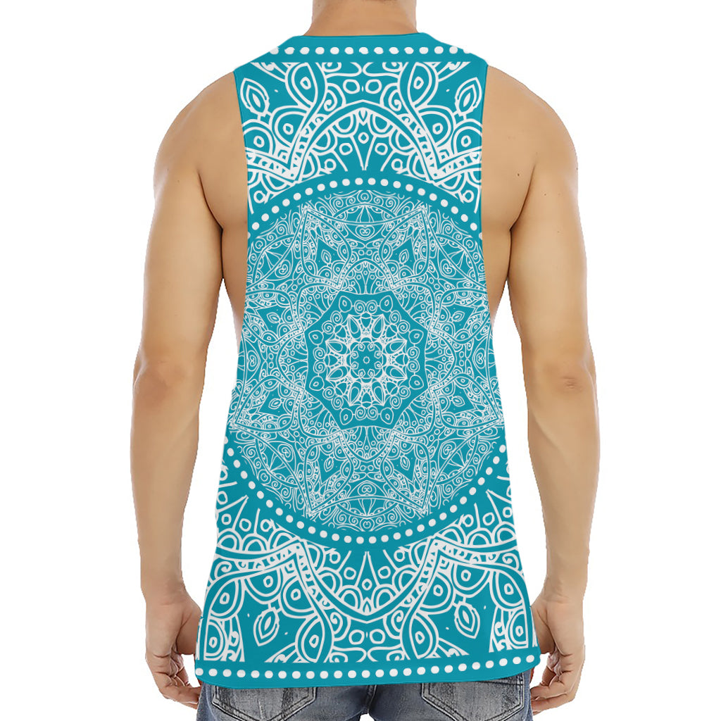 Teal And White Mandala Print Men's Muscle Tank Top