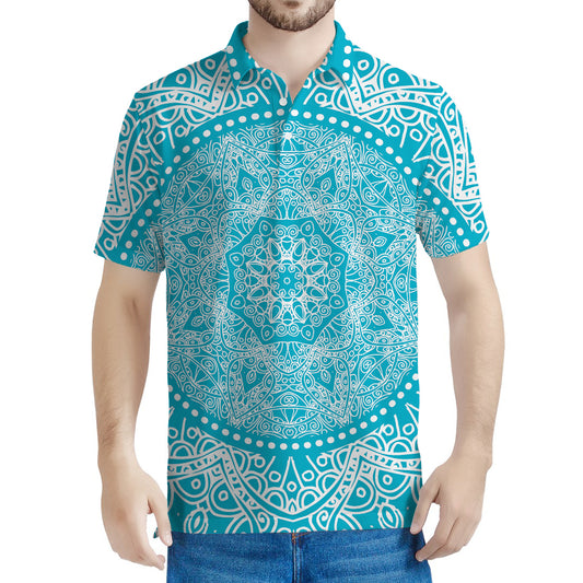 Teal And White Mandala Print Men's Polo Shirt