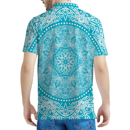 Teal And White Mandala Print Men's Polo Shirt