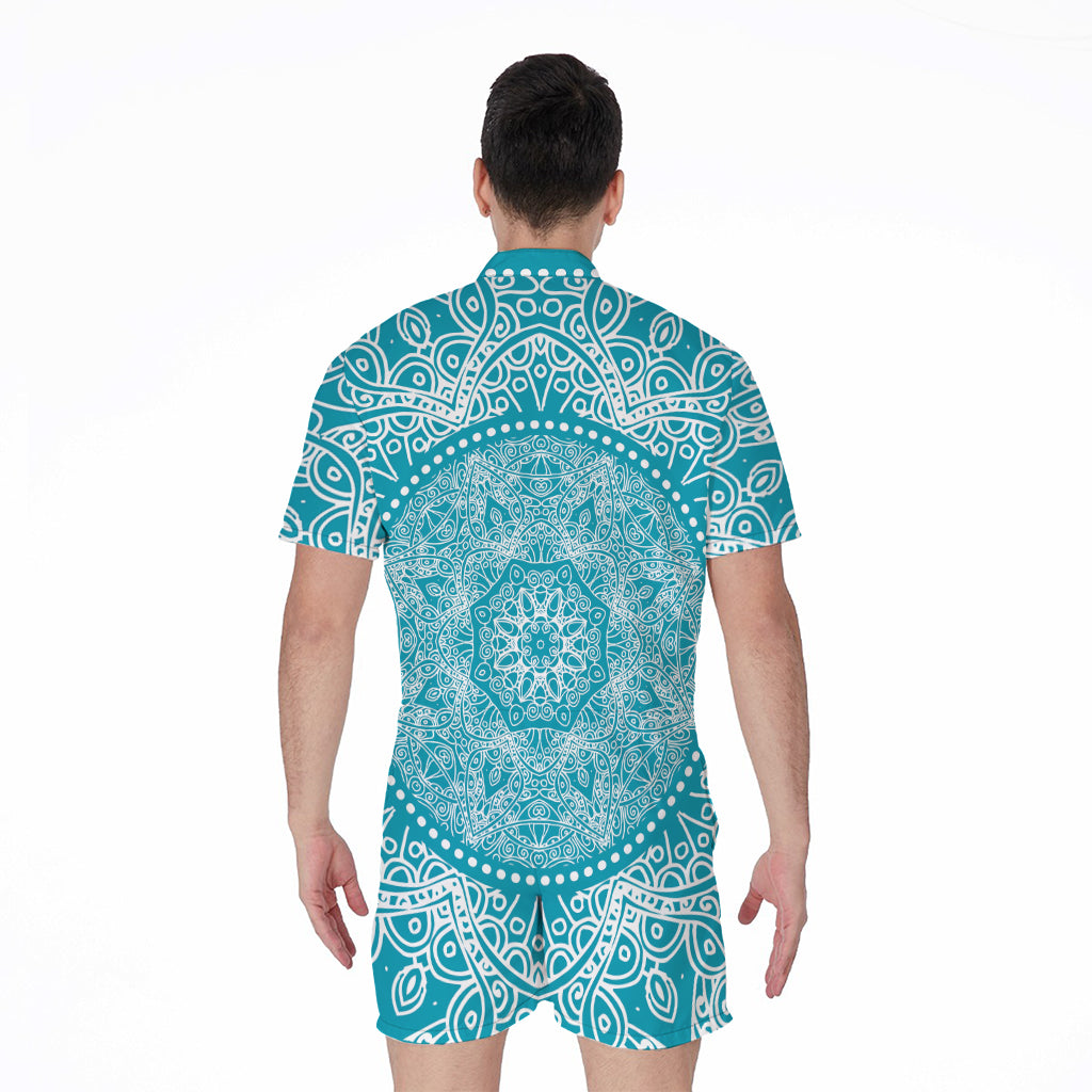 Teal And White Mandala Print Men's Rompers