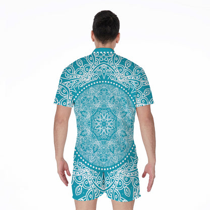 Teal And White Mandala Print Men's Rompers