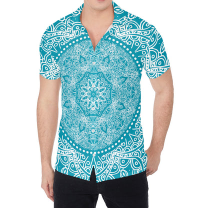 Teal And White Mandala Print Men's Shirt