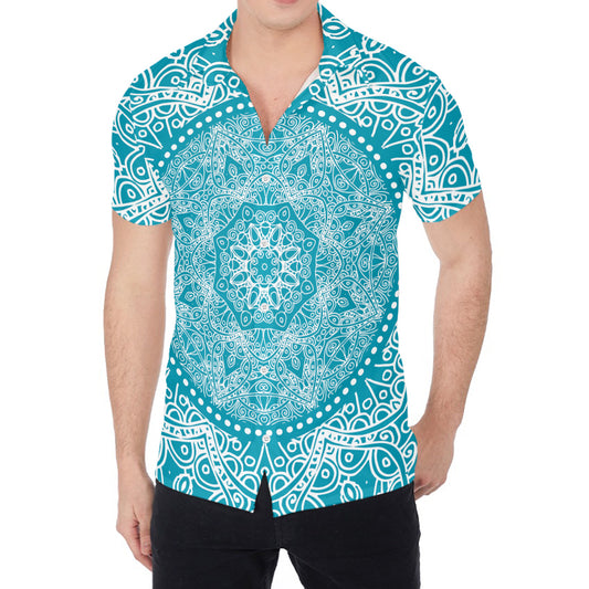 Teal And White Mandala Print Men's Shirt