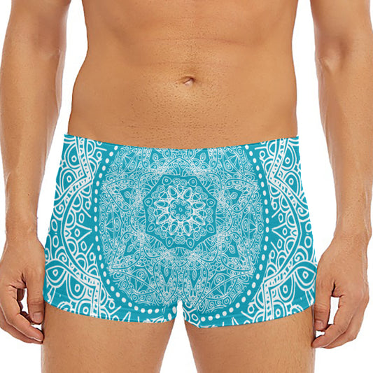 Teal And White Mandala Print Men's Short Boxer Briefs